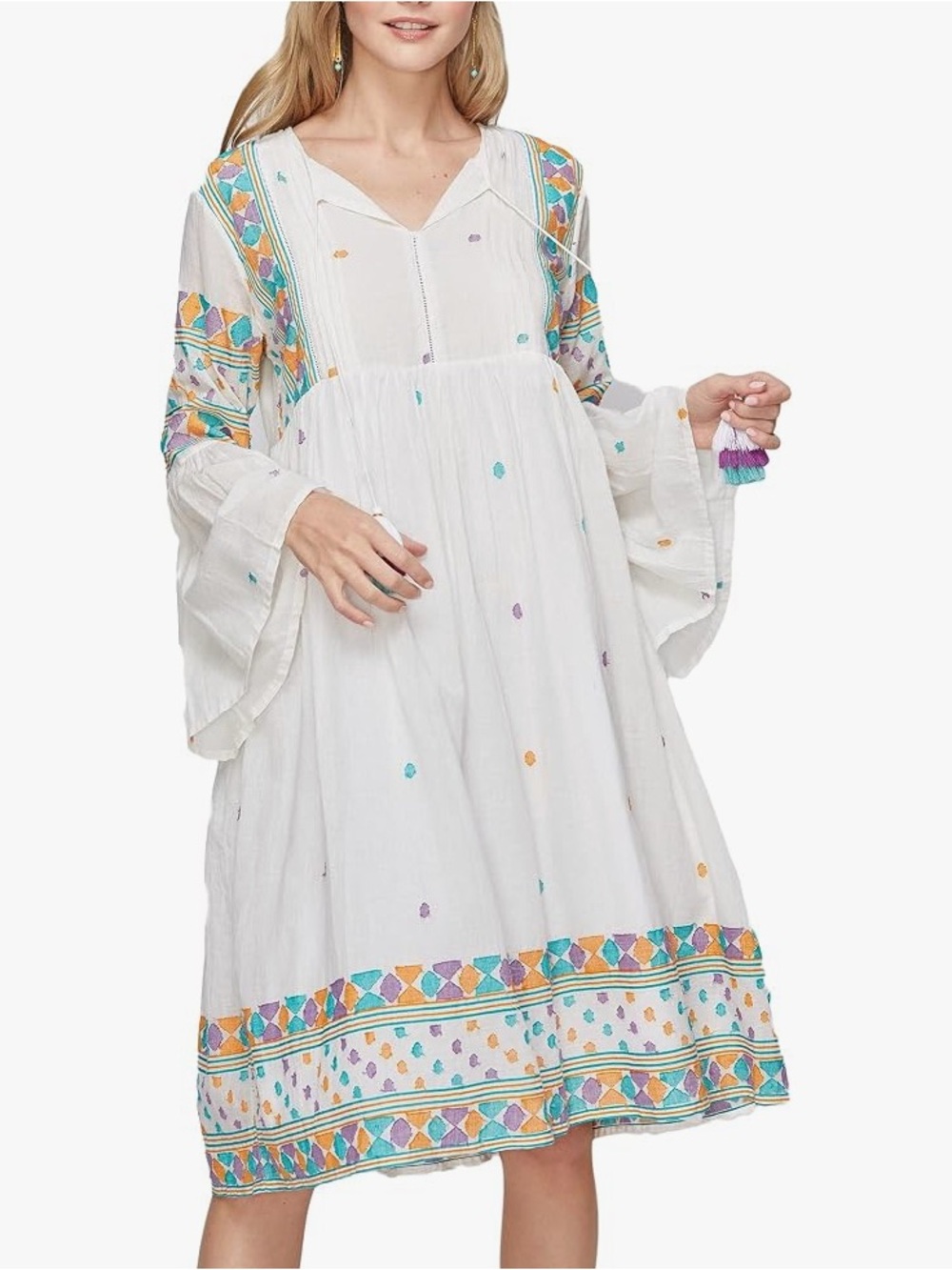 Roller Rabbit Maisa Dress Small NWT White Embroidered Bell Sleeve Cotton Boho